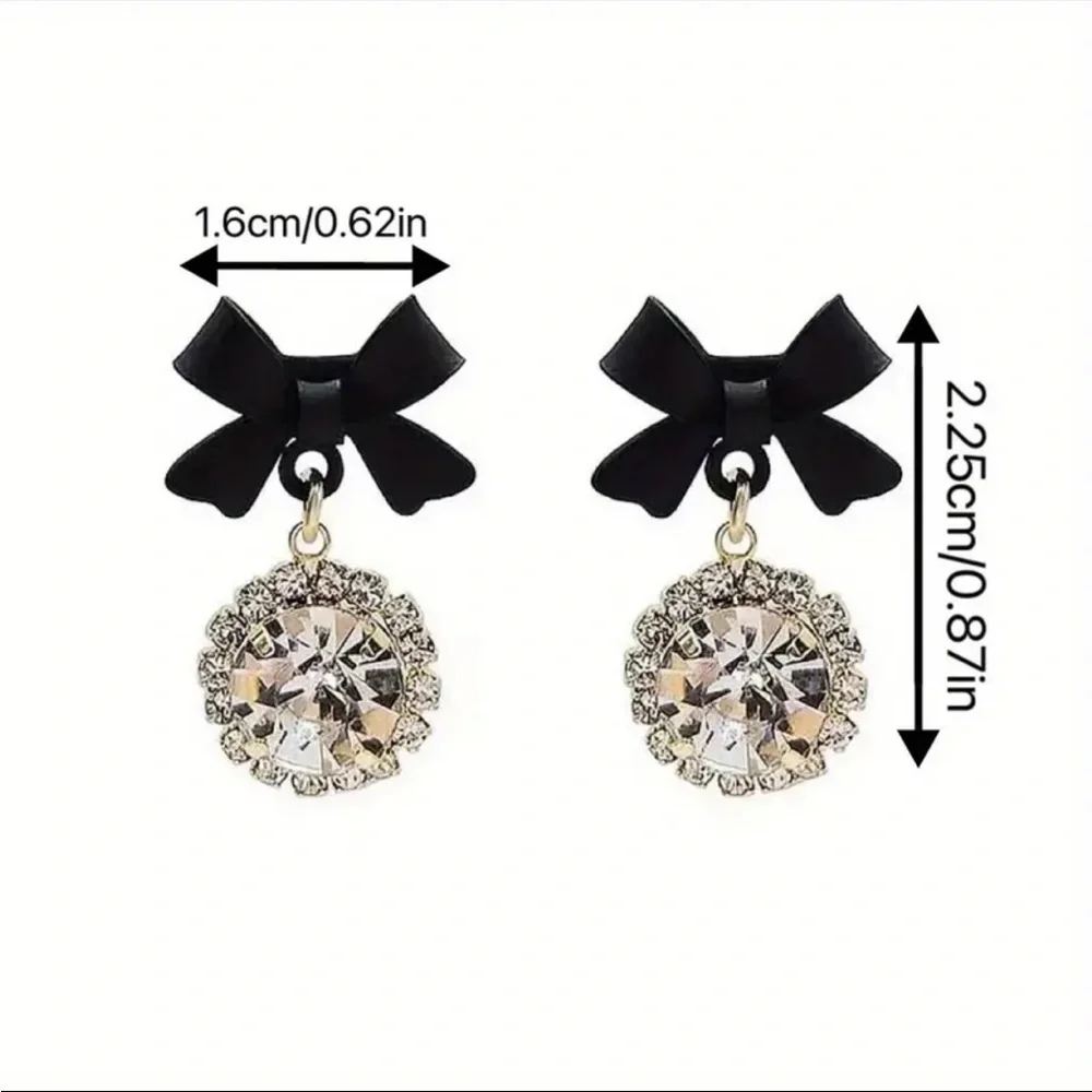 Black Bow Crystal Drop Earrings Sparkly Statement Studs NWT